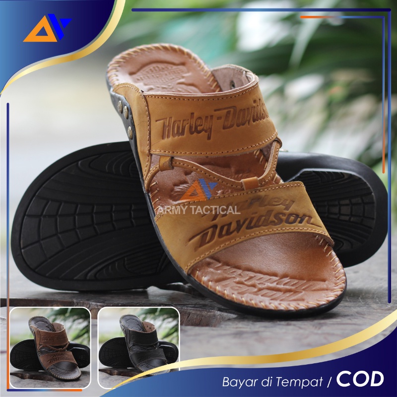 Sandal Kulit Asli Pria Selop Harley Davidson Ban 2 Tali Slop Sendal Slide Kulit