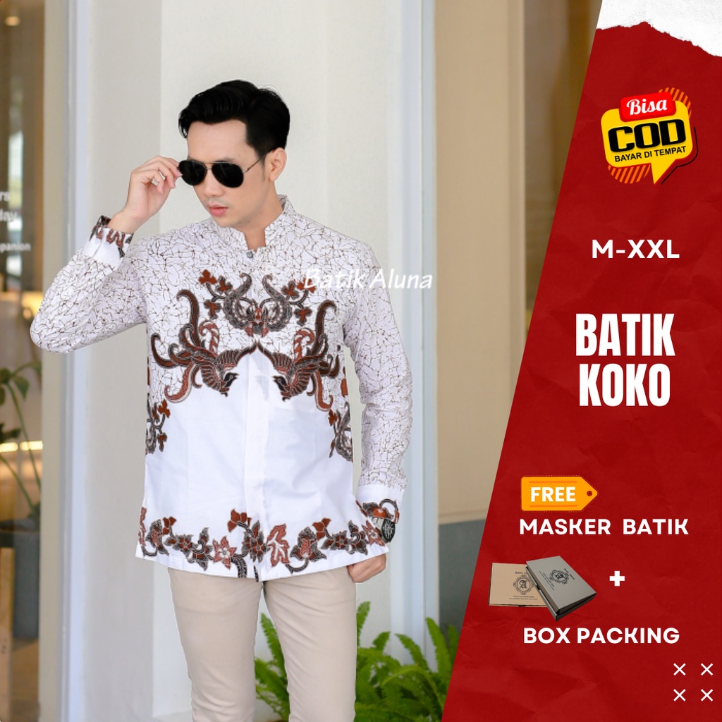 Baju Batik Pria Lengan Panjang Model Koko Sanghai Putih