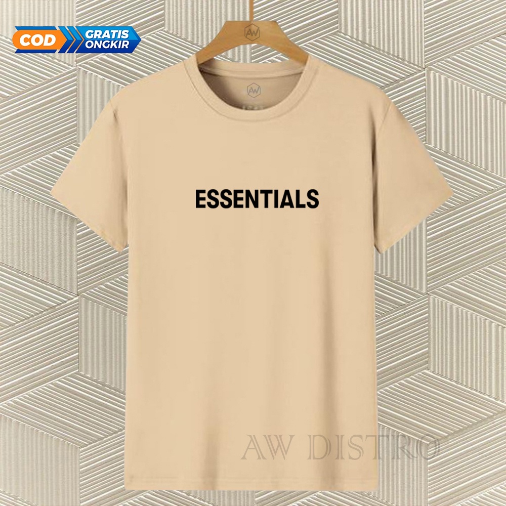 COD Baju Kaos Distro ESSENTIALS Teks Hitam Premium Quality Lengan Pendek