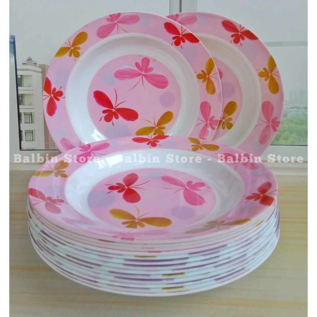 TURUN HARGA 1/2 STENGAH LUSIN | 6 PCS PIRING MELAMINE WARE DIAMETER 23 CM | 9.INCH PINK MOTIF TERBARU