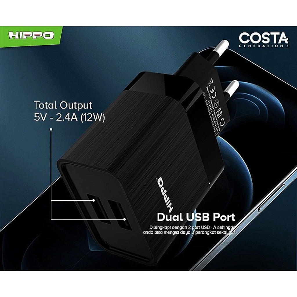 ADAPTOR CHARGER KEPALA CHARGER HIPPO COSTA GEN 3 12 WATT 2.4 A MAX FAST CHARGING