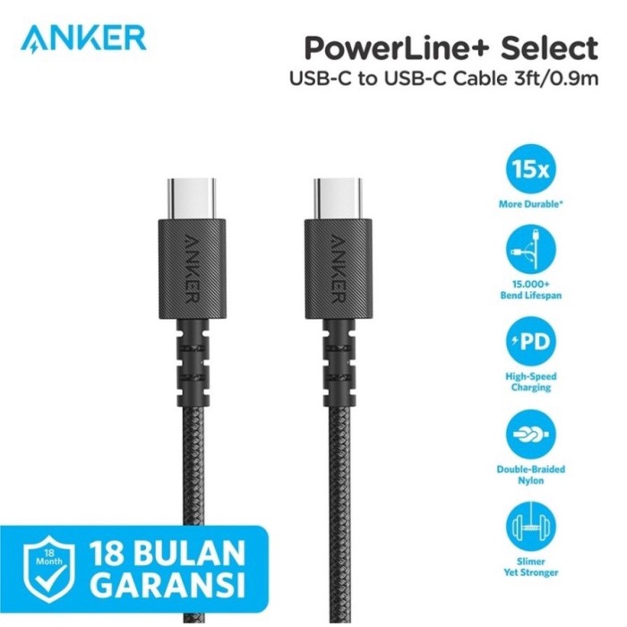 Terbaru ANKER KABEL DATA TYPE C TO TYPE C FAST CHARGING 60W 3FT 90CM A8032 - Putih