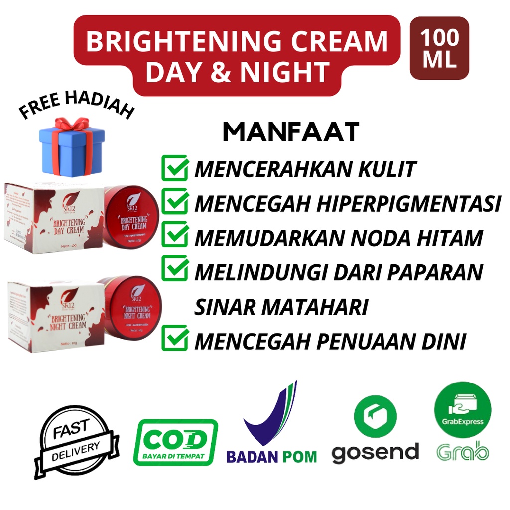 KRIM PEMUTIH WAJAH Paket Brightening Day & Night CREAM SR12 MEMPERCANTIK MEMPERHALUS WAJAH KINCLONG