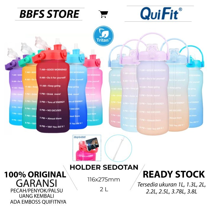 QUIFIT Botol Air Minum Tritan Motivasi 2L dengan sedotan dan phone holder 100% BPA Free