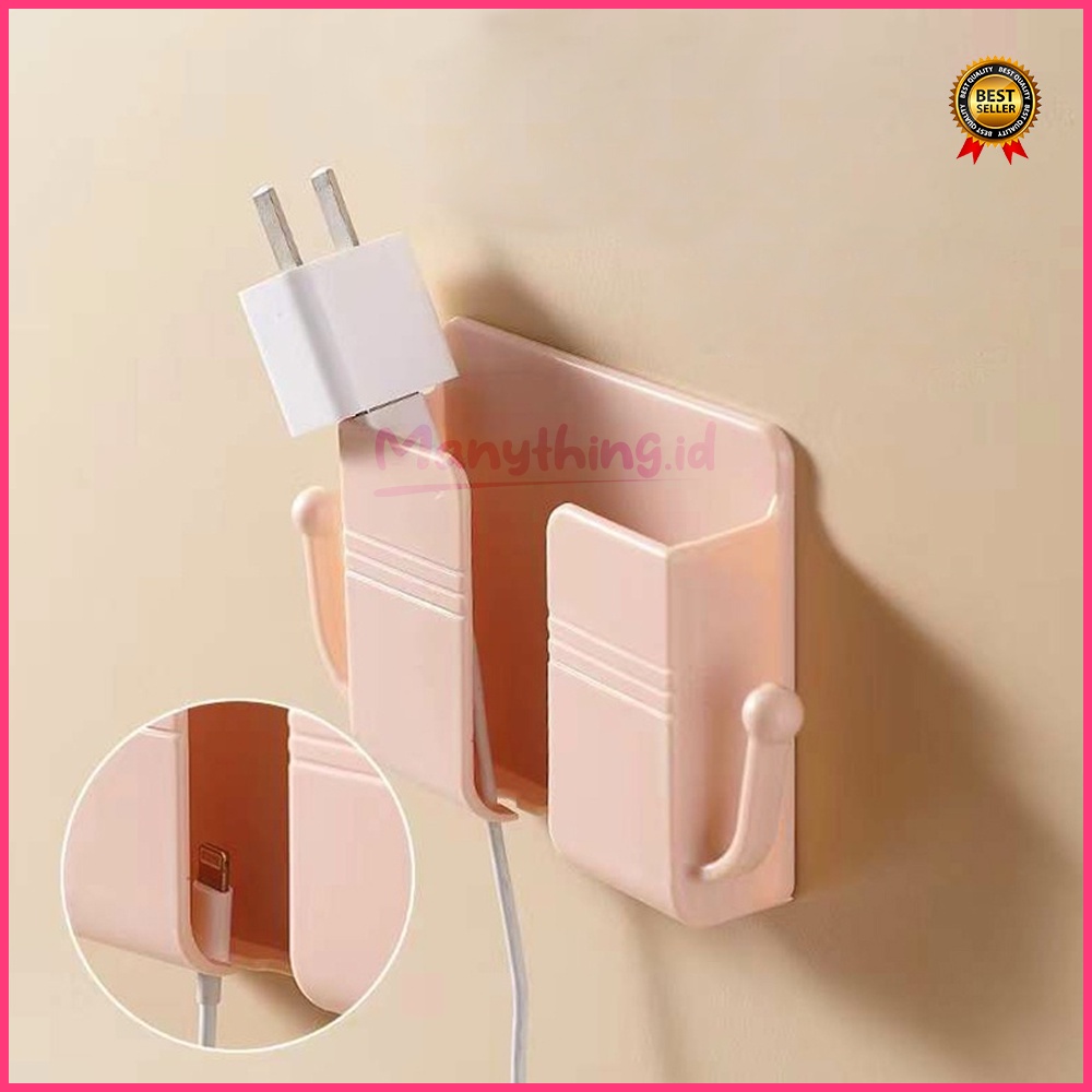 MANYTHING - Holder Tempel Dinding Dengan Gantungan 2 Kait Rak Gantung Tempat Charger Hp Remote TV AC Multifungsi Penyangga Tembok