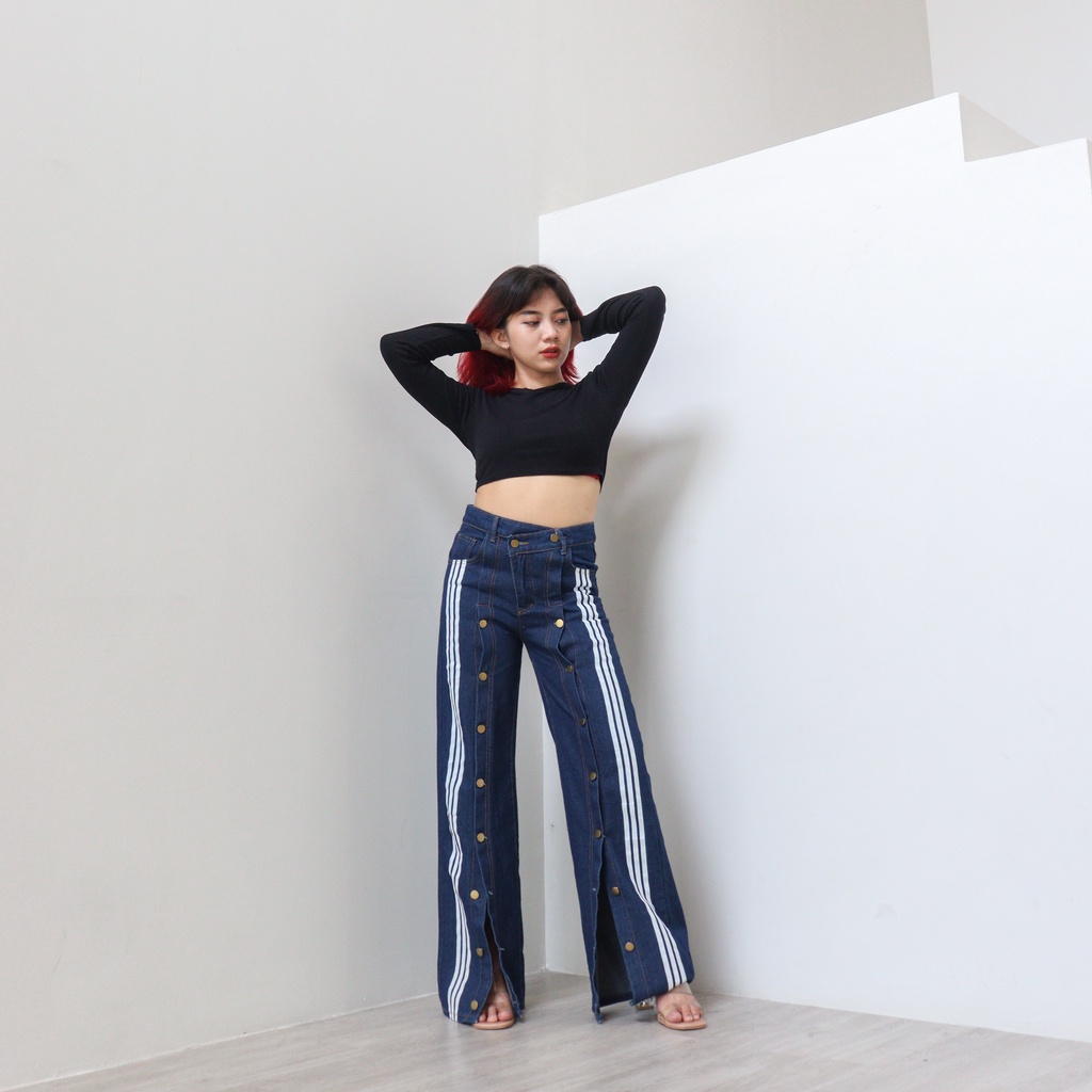 DEMORIN - X8005 - Celana Panjang Highwaist Baggy Jeans List Putih