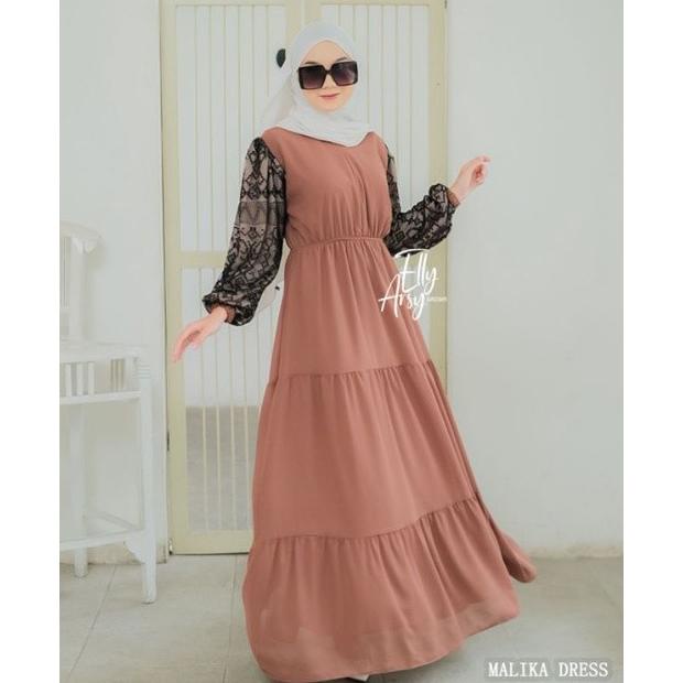 Malika Dress Lengan Balon Burkat By Elly Arsy Ori
