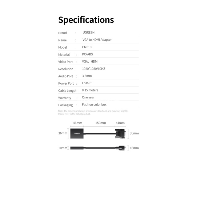 UGREEN Adapter Converter VGA Male To HDMI Female HD 1080P With Audio