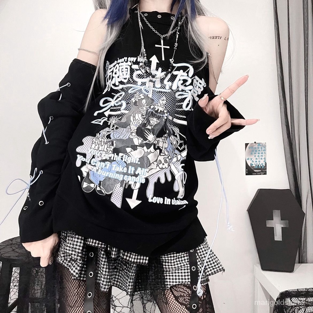 COD##off shoulder long sleeve/y2k outfit/kaos lengan panjang wanita/punk tshirt