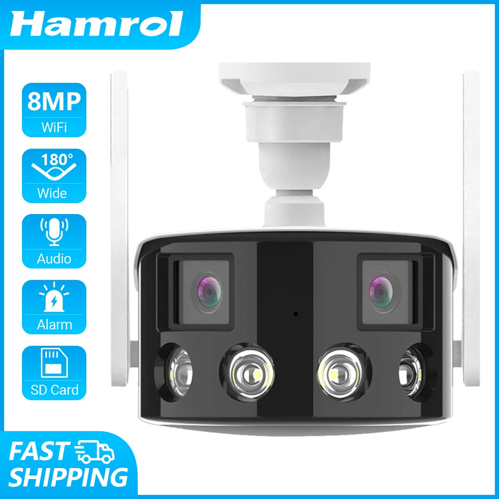 Hamrol 8MP 4K Dual Lens Wide Angle 180° Wifi IP Camera Outdoor Full Color Night Vision Ai Human Detect CCTV Security Camera