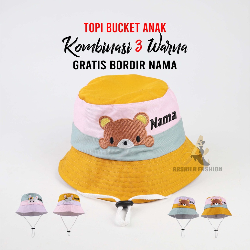 Topi Bucket Anak Kombinasi 3 Warna Gratis BOrdir Nama