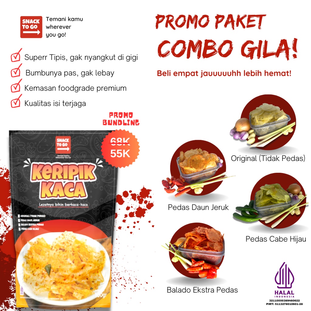 

[PAKET COMBO] Cemilan Keripik Kaca / Keripik Beling / Kripca Pedas | Snack to Go Indonesia