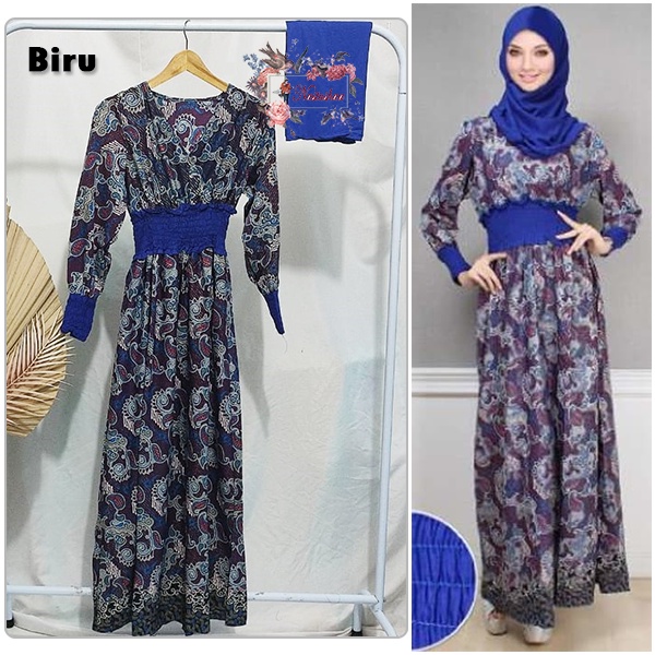 Gamis Batik Wanita Bahan Katun Halus Kombinasi Rayon Set Dress Motif Batik+Pashmina Full Karet Pinggang Keliling Rempel Gamis Batik Muslimah Maxy Dress Muslimah Fit L