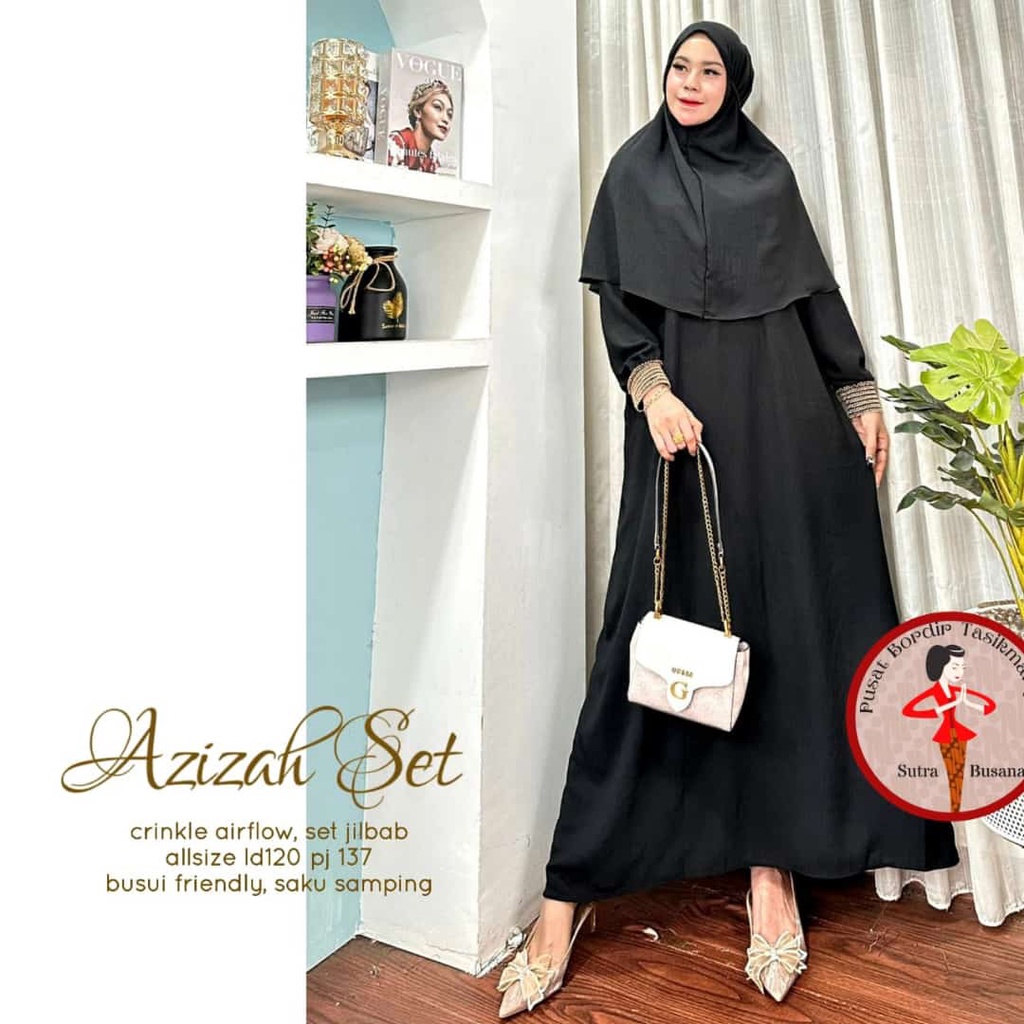 Pusat Bordir Tasikmalaya - Gamis azizah set hijab crinkle airflow