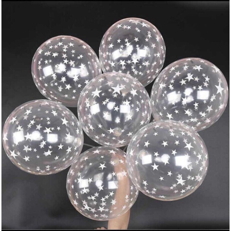 {10 PC}BALON LATEX TRANSPARAN ISI CONFETTI BINTANG SILVER 12 INCHI