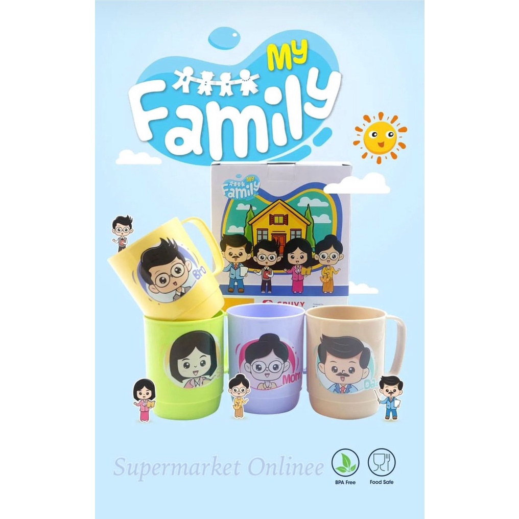 Gelas Cangkir Minum Set Gelas Keluarga Set Motif Cartoon 350ml Gelas Air Kopi Mug Family Set isi 4pcs