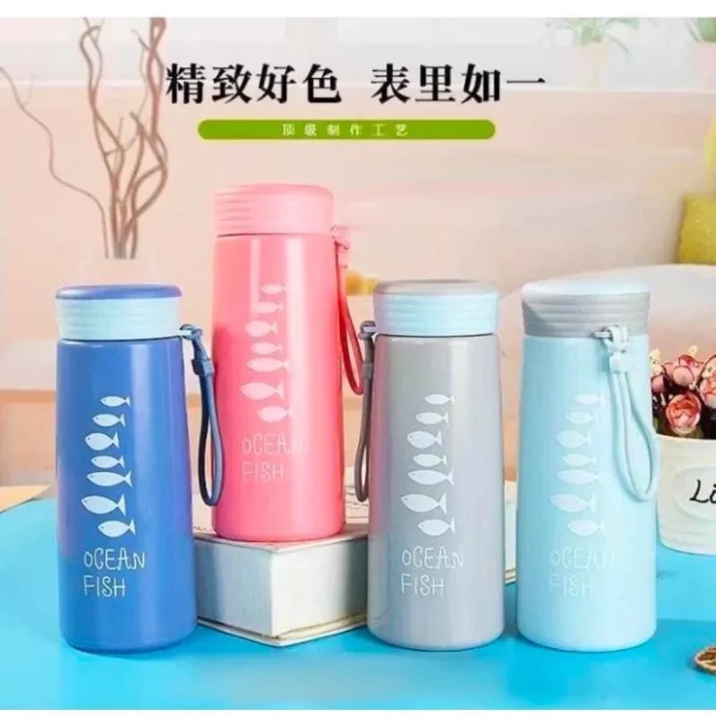 Botol Minum Kaca Ocean Fish Tumbler Minum Kaca Bening Cover Plastik