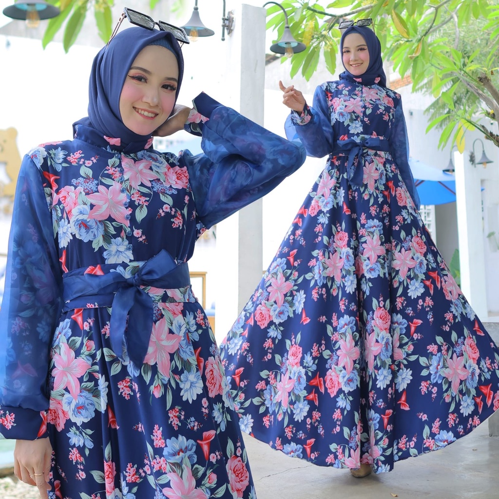 HOPYLOVY Maxi Dress Motif Bunga Tiara bahan Moscrepe