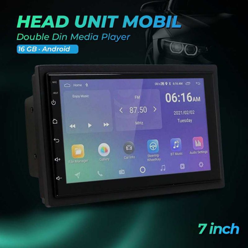 Podofo Head Unit 7 inch Mobil Double Din Media Player GPS 16GB Android 9 - 8229