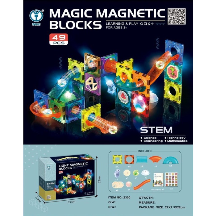 FMFIT mainan edukasi light magic magnetic block 49 pcs tiles marble run diy