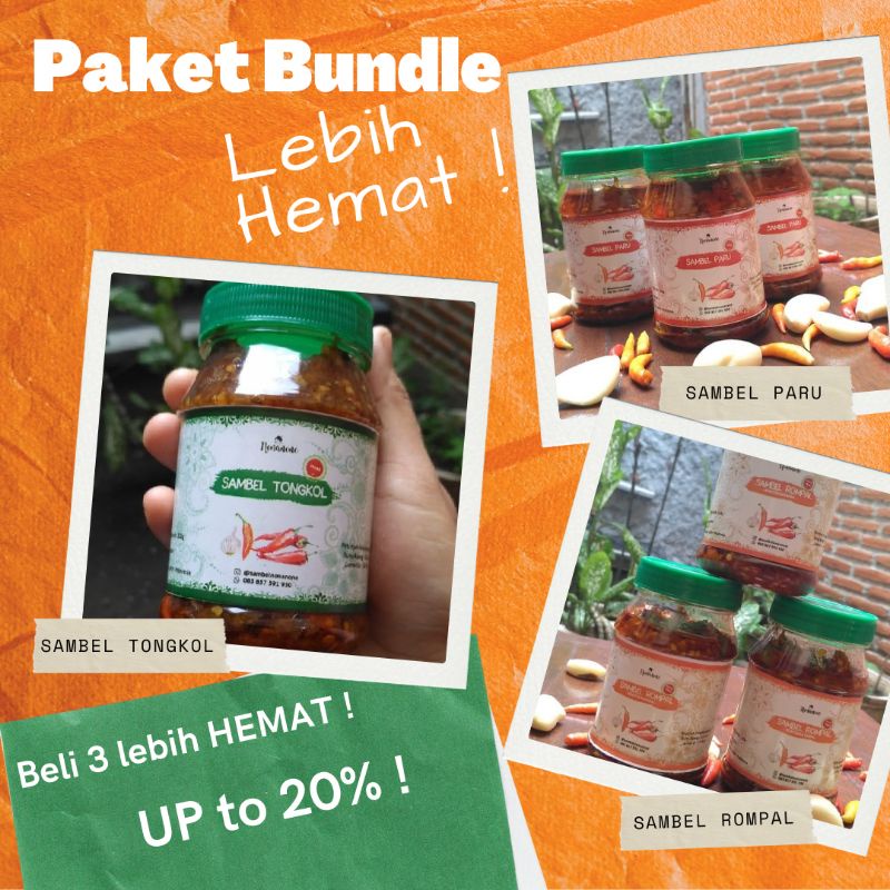 

PROMO PAKET BUNDLING HEMAT, Isi 3 Varian Sambal Botol 260 gram, Rompal, Tongkol, Paru Mercon