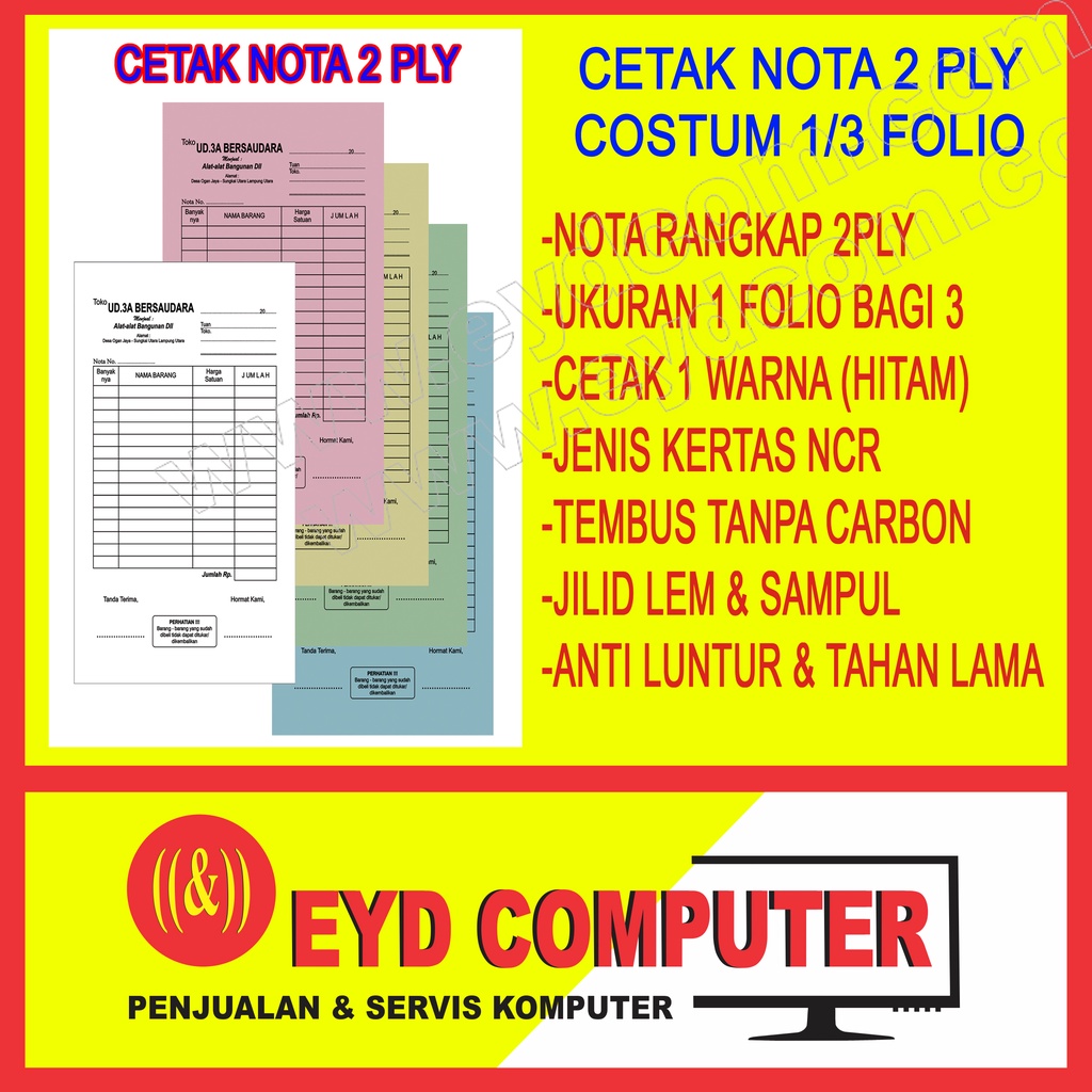 

CETAK NOTA 2 PLY 1 FOLIO BAGI 3 KERTAS NCR COSTUM ISI RANGKAP CEK BON KWITANSI SURAT JALAN