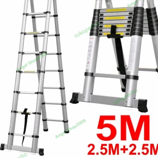 Tangga Lipat Aluminium Teleskopik 5 Meter Double 2.5 +2.5 Meter