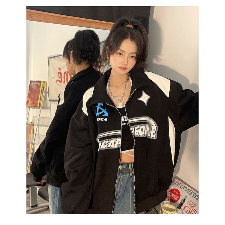 [✅BISA COD] #Sisjuly# Jaket biker wanita/sweter kardigan kerah vintage Amerika Y2K/jaket longgar gay