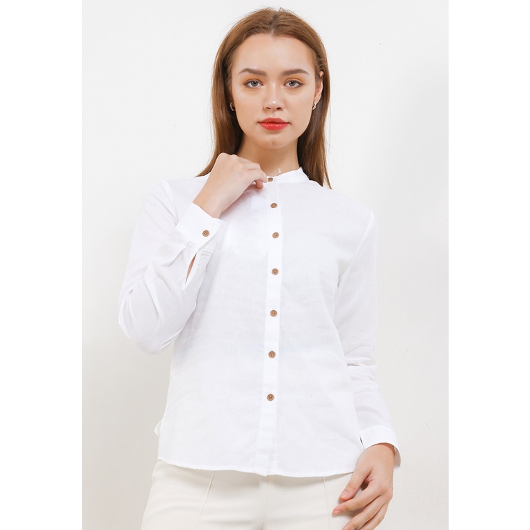 Kemeja Wanita Giordano Original Kombinasi Cewek Minimalist Cotton Women's Linen Shirt Crew Neck Pere