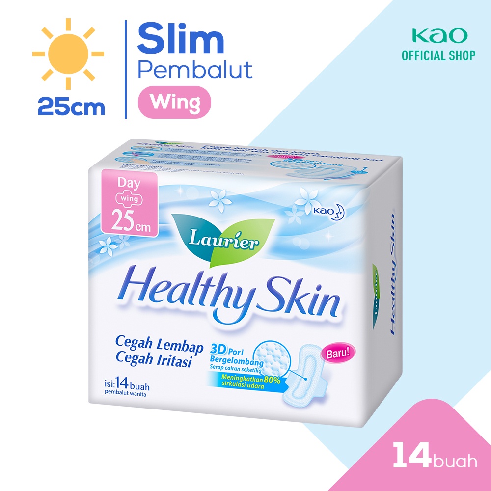 Laurier Healthy Skin Pembalut Wanita Day Irritation Free 25cm Wing Cegah Iritasi Dengan Permukaan Breathable 3D Bergelombang Isi 14 Buah