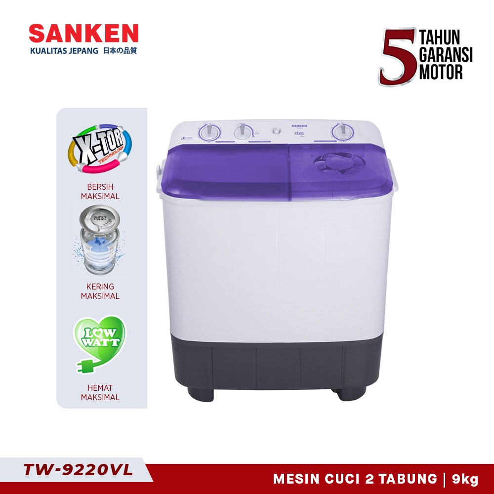 Sanken Mesin Cuci Twin Tub Tw-9220Vl Violet 9Kg Mesin Cuci 2 Dua Tabung