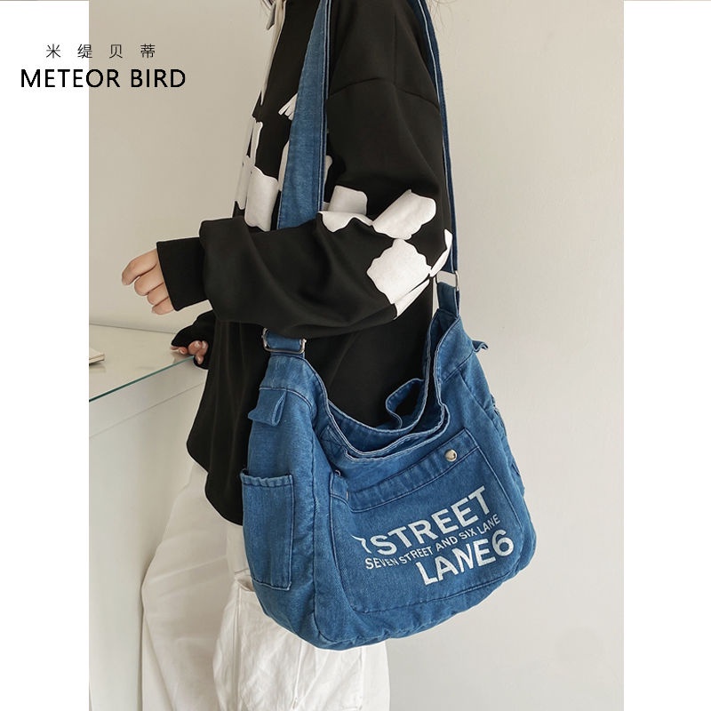 Sera Miti Betty college angin tote ekstra besar tas wanita single bahu Messenger retro denim tas fashion letter printing all-match