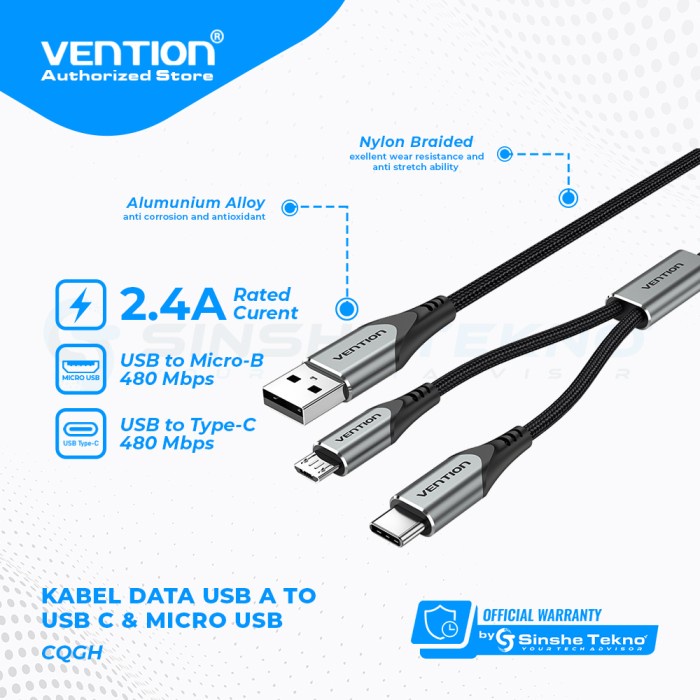 BARU  VENTION Kabel Data Y Splitter USB A to Micro b USB Type C - CQG Silver, 0.5 Meter