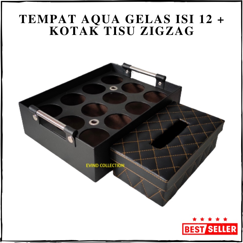 Keranjang Aqua Gelas Isi 12 Cup + Tempat Tissue Zigzag Kulit Sintetis