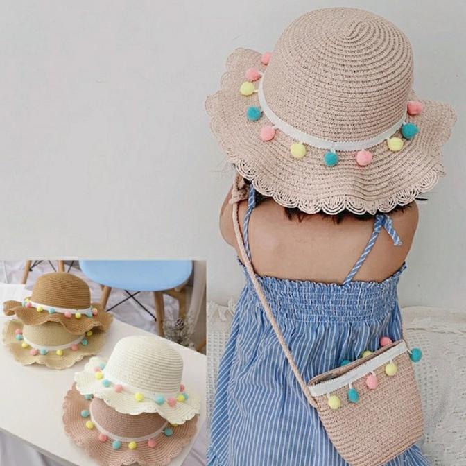 Topi Pantai Anak + Tas Jerami Rajut Korea Import 1 Set / Straw Hat