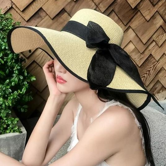 Topi Pantai Jerami Pita Hitam Lebar Premium Korea Import Wanita