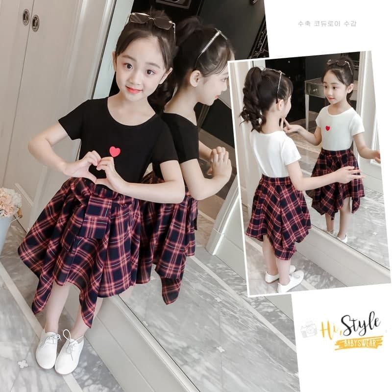 setelan rok motif garis kotak baju hitam putih fashion korea anak perempuan