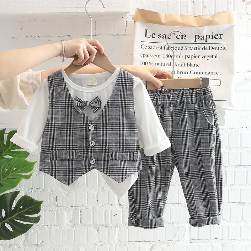 Setelan 3in1 tartan grey modern import, setelan jas anak laki-laki