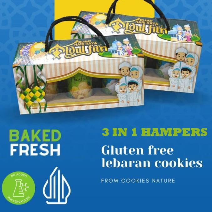 

HAMPERS COOKIES GLUTEN FREE ALAMI NON PENGAWET HALAL ISI 3 TOPLES