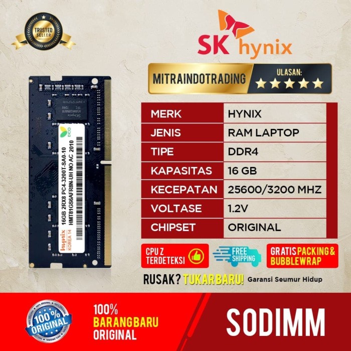 Terlaris Hynix Sodimm Ddr4 16Gb Pc 25600 / 3200Mhz Lifetime Warranty