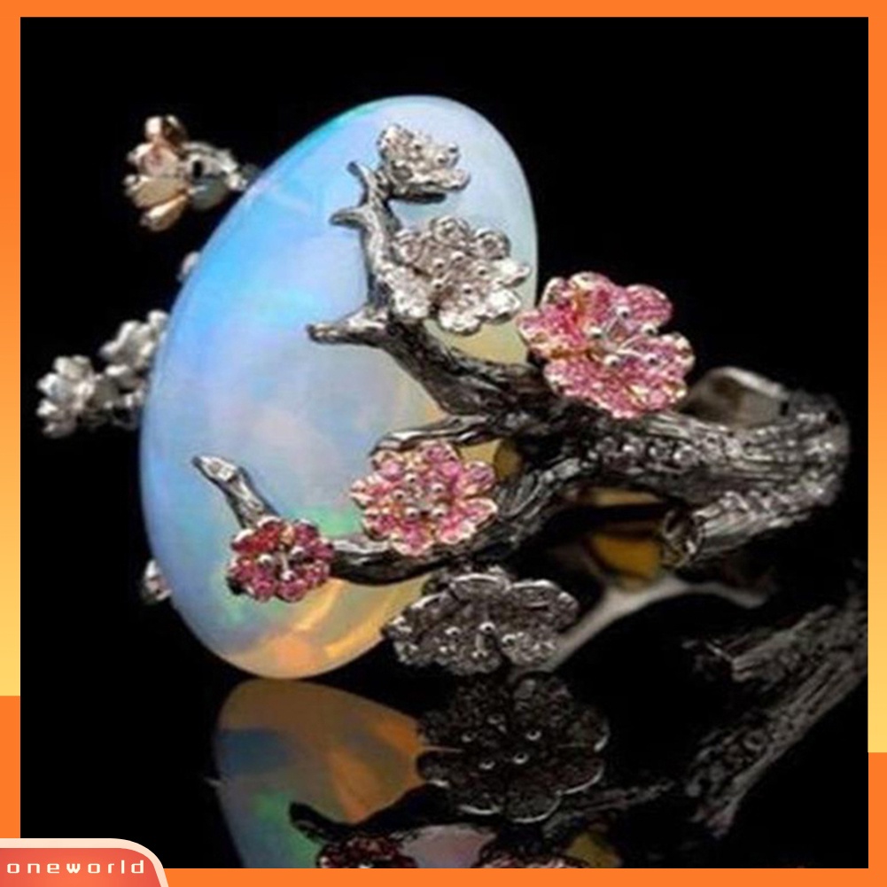 {oneworld} Vintage Wanita Imitasi Opal Plum Blossom Bunga Two Tone Jari Cincin Perhiasan Hadiah