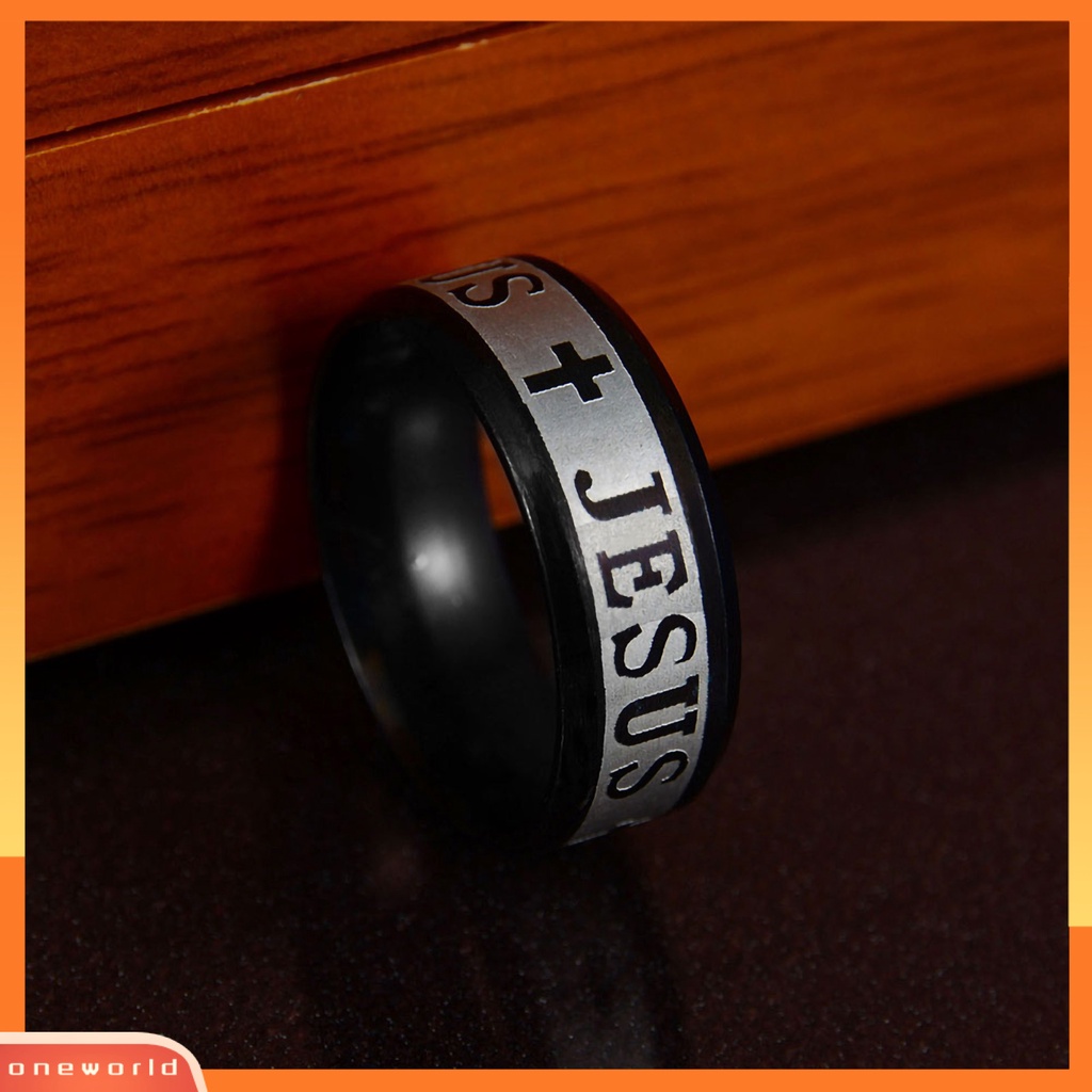 {oneworld} Cincin Unisex Huruf Salib Yesus Ukiran Perhiasan Cincin Kristen Pria Wanita Anti Karat Untuk Pesta