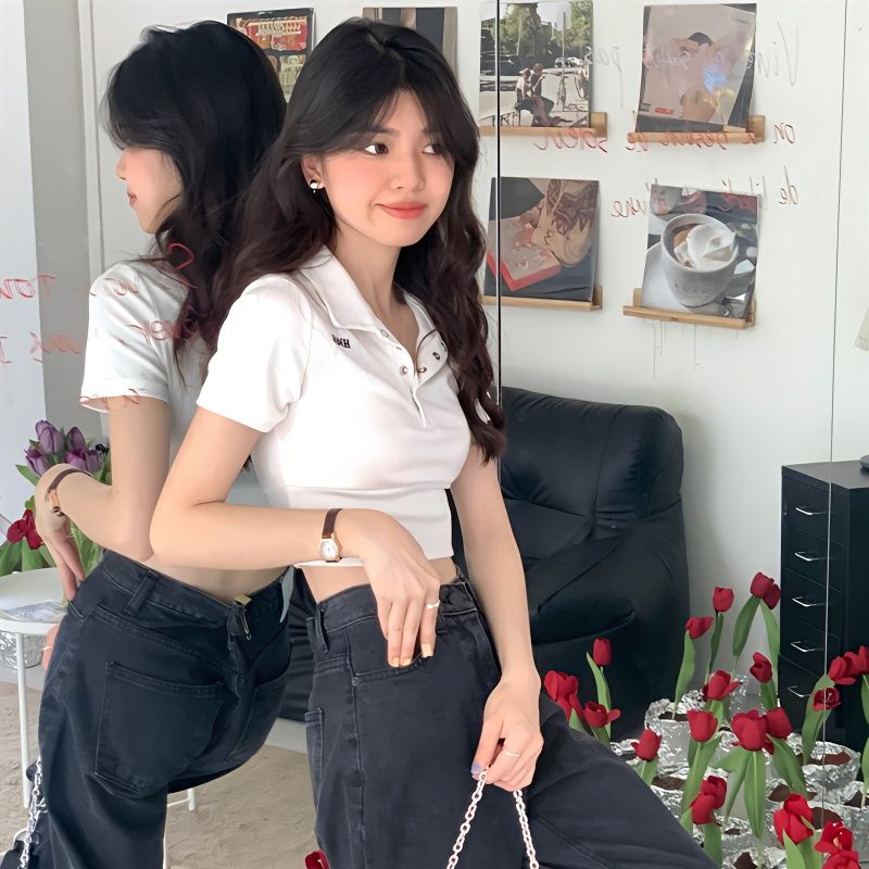 Red Keinginan Murni Gaya Gadis Panas Polo Kerah Lengan Pendek T-shirt Wanita Musim Panas Bordir Huruf Slim Fit Slim Pusar pendek Top Ins