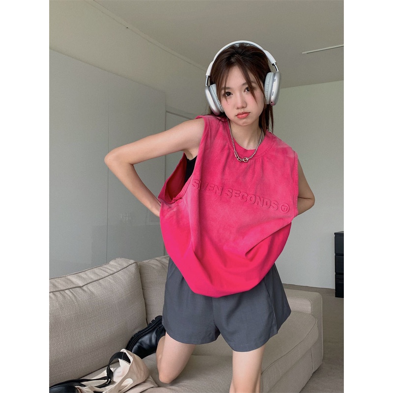 Red Rompi T-shirt tanpa lengan model setengah panjang untuk wanita versi Korea musim panas pakaian luar longgar American retro sports basketball vest top