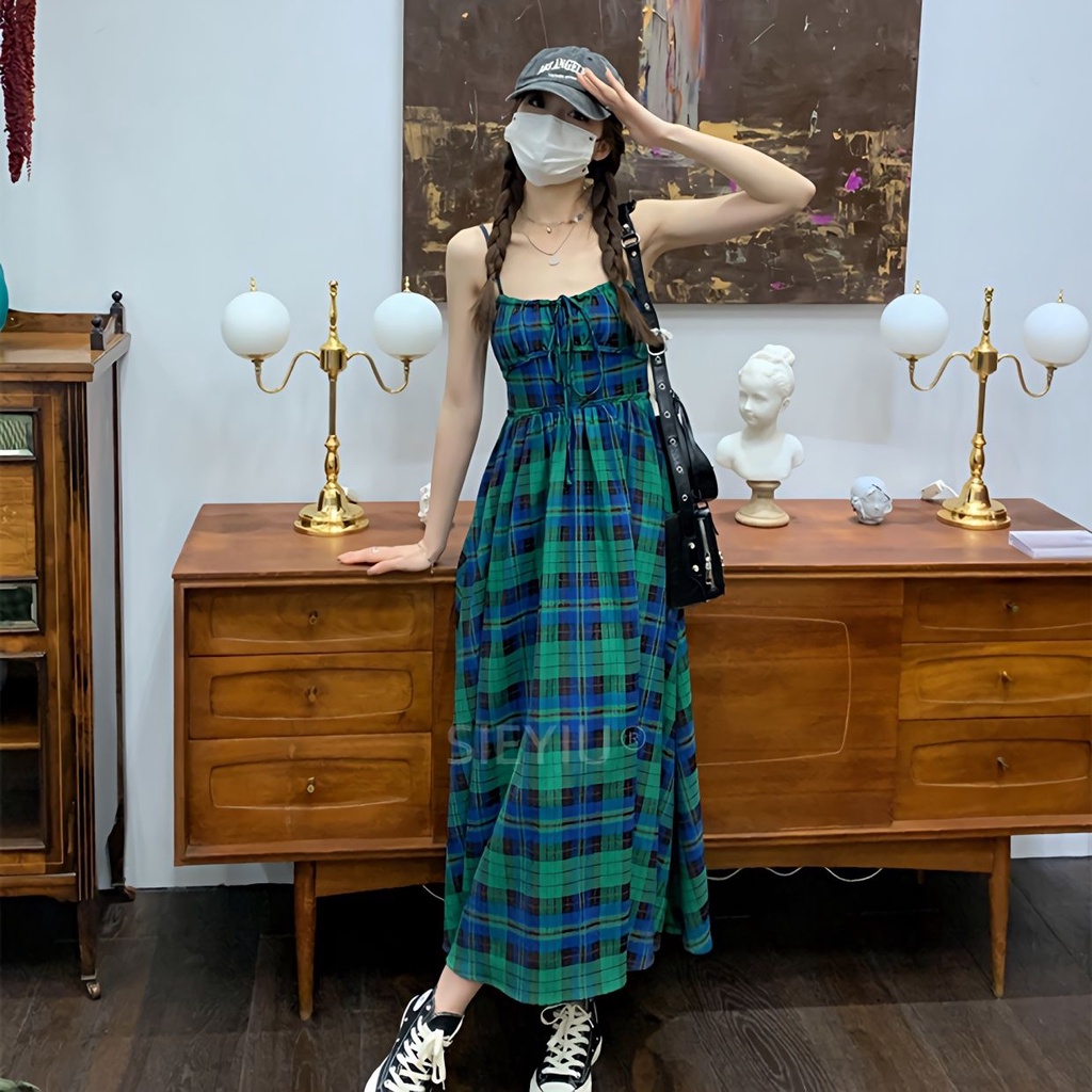 Red Musim panas baru gaya Perancis retro kotak-kotak suspender rok gaun desain liburan strapless backless ceruk pinggang rok panjang