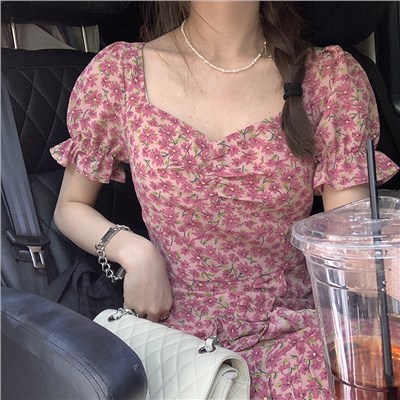 Red Versi Korea dari layar penuh gelombang man peach jantung kerah rok bunga temperamen Korea ramping puff lengan gaun celah sifon musim semi