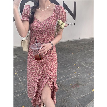 Red Versi Korea dari layar penuh gelombang man peach jantung kerah rok bunga temperamen Korea ramping puff lengan gaun celah sifon musim semi