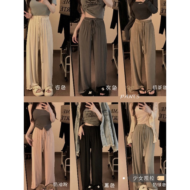 Red Pinggang tinggi serut es sutra celana kasual wanita musim panas baru retro vertikal lurus longgar versi sempit celana lebar kaki