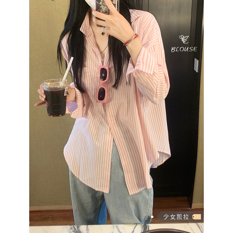 Red Jaket kemeja bergaris merah muda wanita musim panas biru lengan panjang tabir surya kemeja cardigan pakaian luar rasa ceruk atas