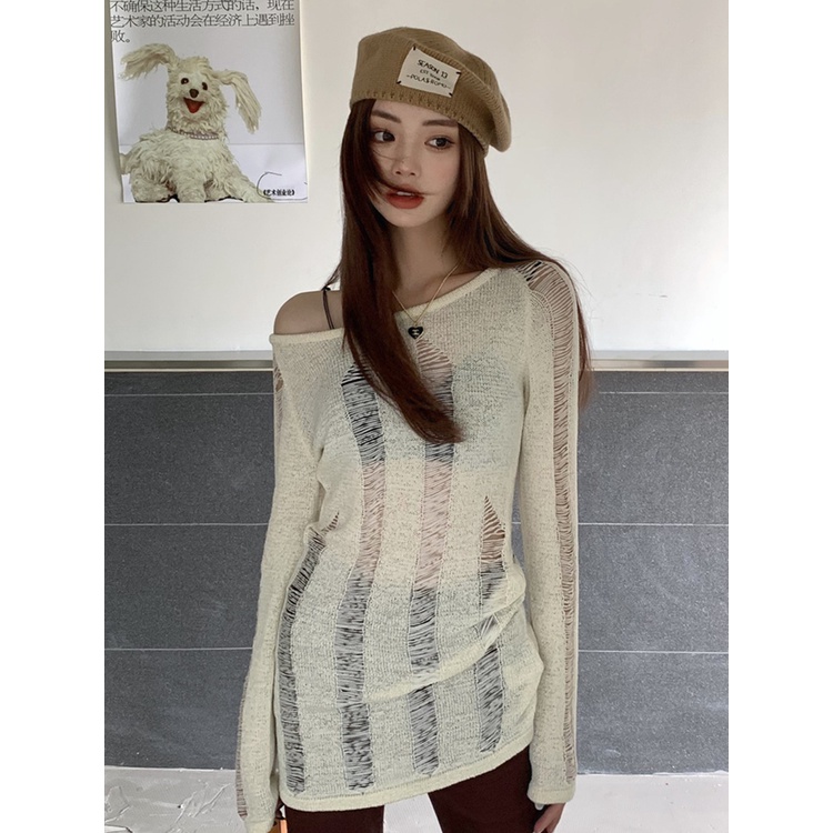 Red Blus sweter rajut berongga hijau tanpa tali musim panas Desain Prancis sweater lengan panjang babes atasan satu bahu wanita